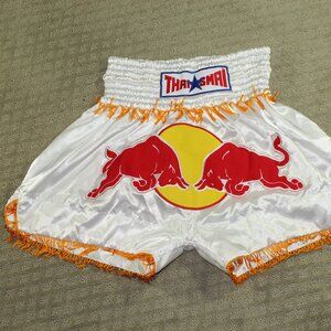 Thai Smai Unisex XL Satin Red Bull Fringed Boxing Shorts